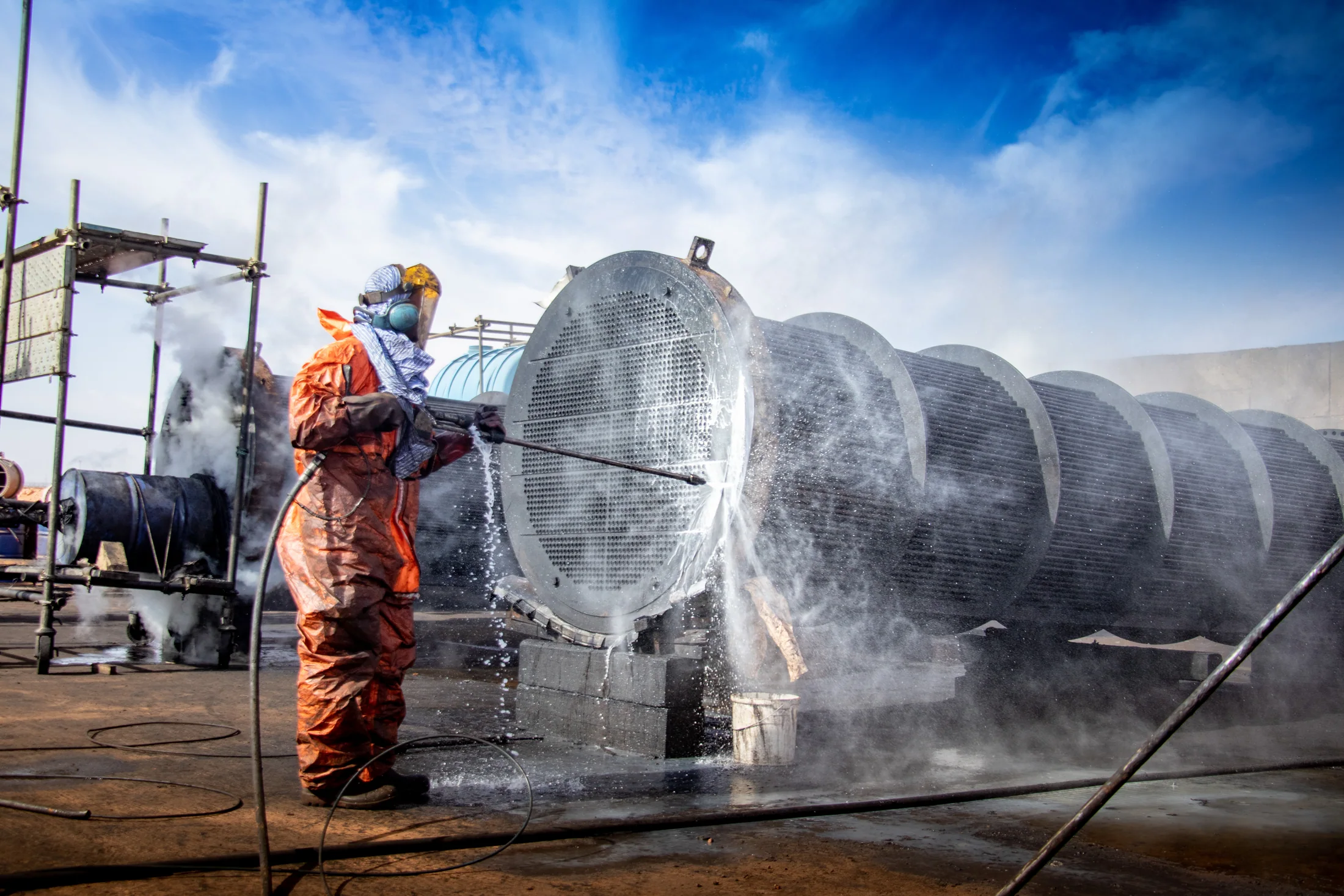 Worker in protective clothing water-jetting a large industrial heat-exchanger tube bundle.