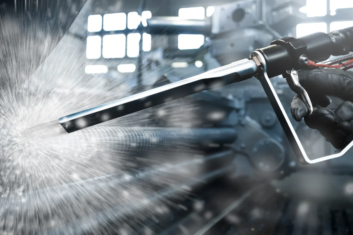 Operator directing a dry-ice blasting nozzle across ribbed industrial metalwork