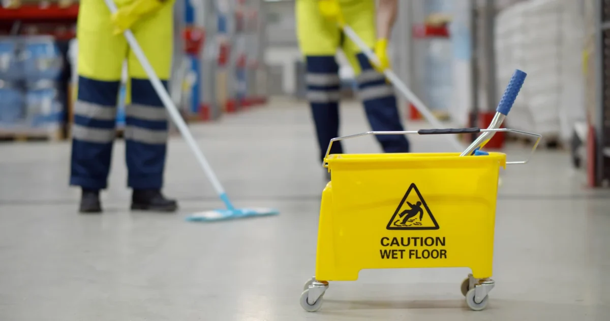 Cleaning team mopping a factory floor beside a caution bucket