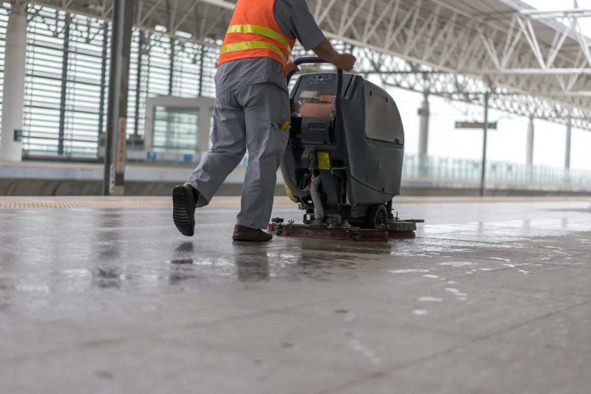 Operator using a scrubber-dryer on a large industrial floor