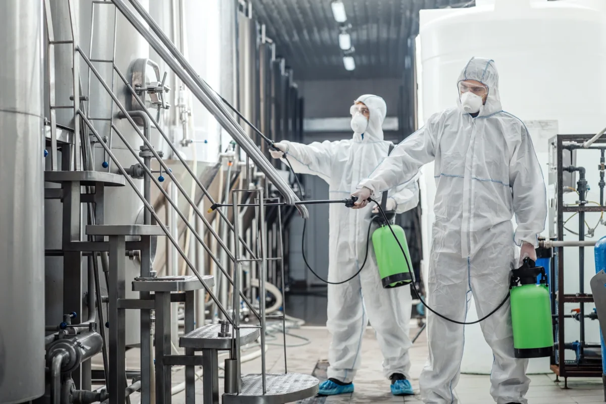 Protected cleaning workers treating equipment and access stairs inside a brewery