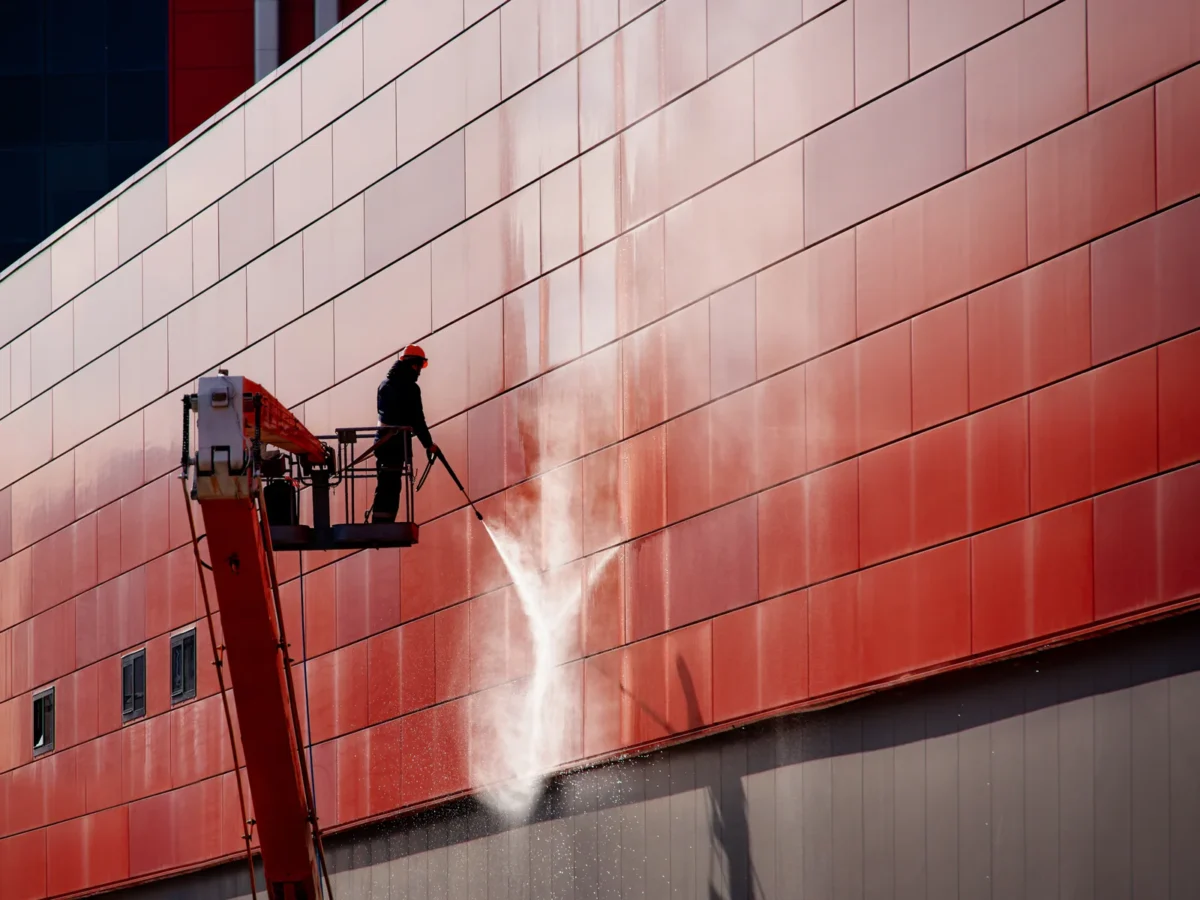 Worker using a pressure washer from an access platform beside red building cladding